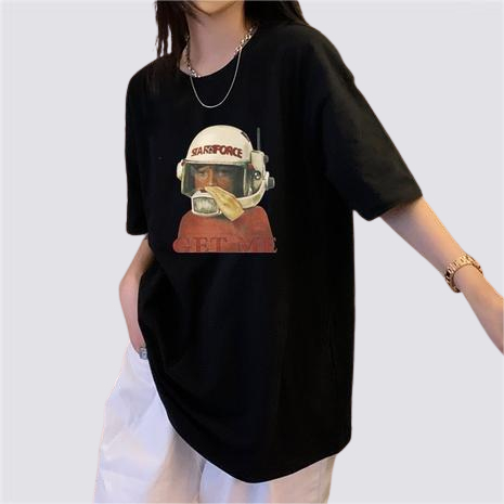 XIAOZHAINV Kaos Atasan Wanita Space Astronaut Pattern Lengan Pendek A0105