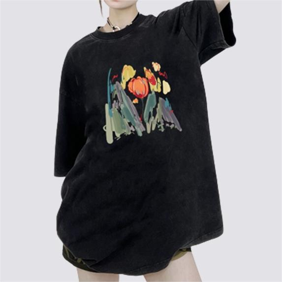 XIAOZHAINV Korean Style Tulip Pattern Washed Printing Kaos Wanita A0036