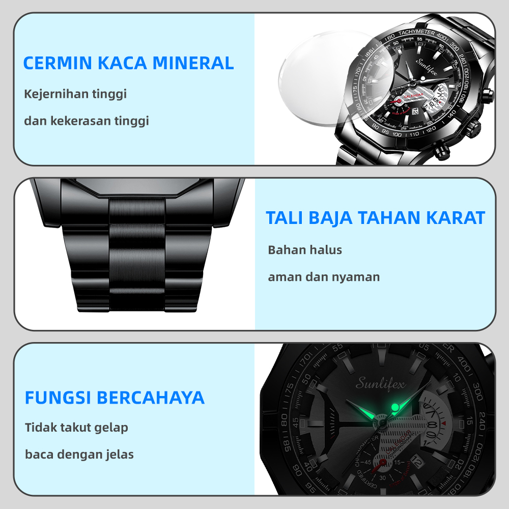 SUNLIFEX  9094  Jam Tangan Pria Anti Air Original Luxury Stainless Steel (Jam tangan+kotak+ kartu garansi+manual)