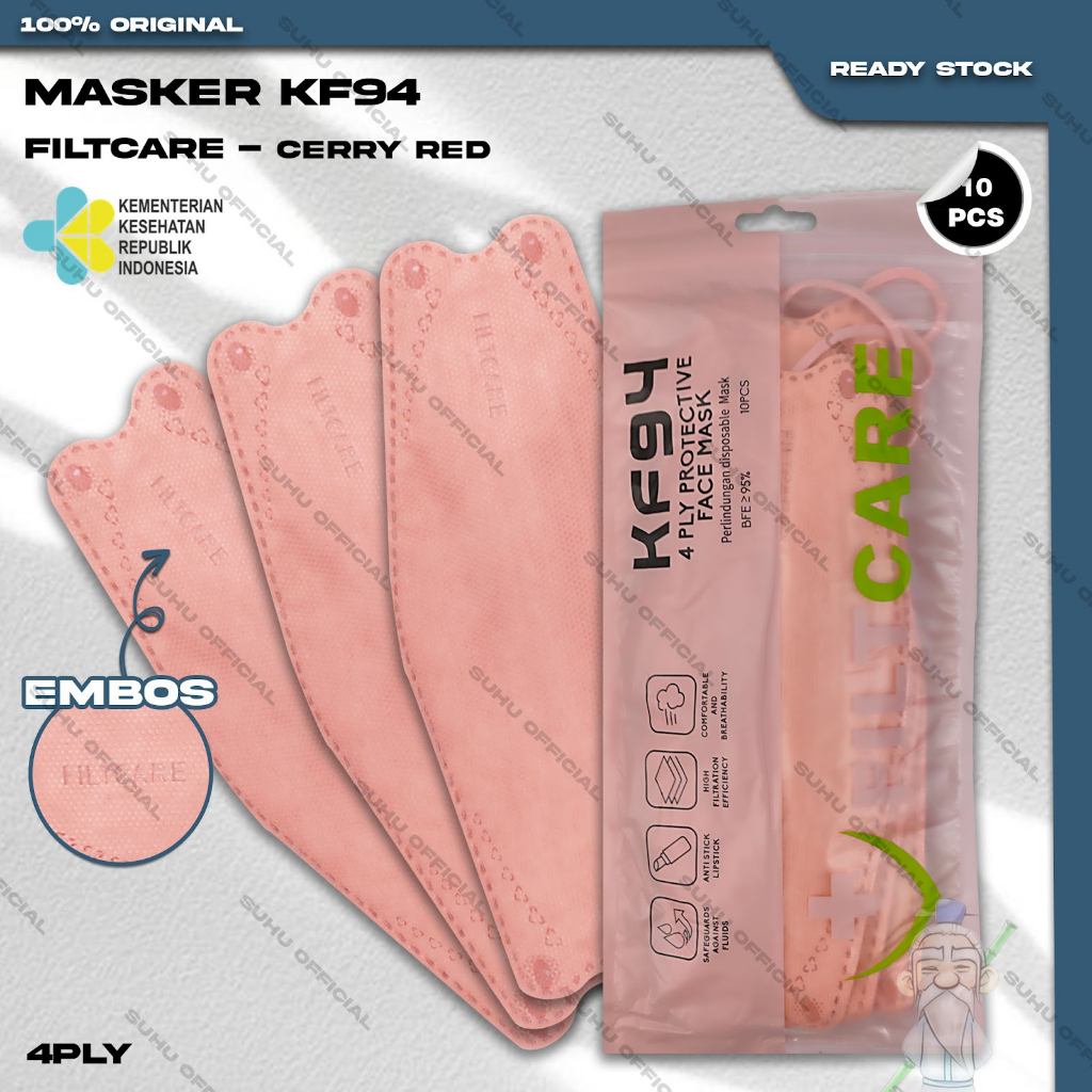 Masker KF94 FILTCARE 4Ply Isi 10Pcs Warna Cerry Red Oren Nude Korea KF 94 4 Ply Earloop Surgical Mask Kemenkes