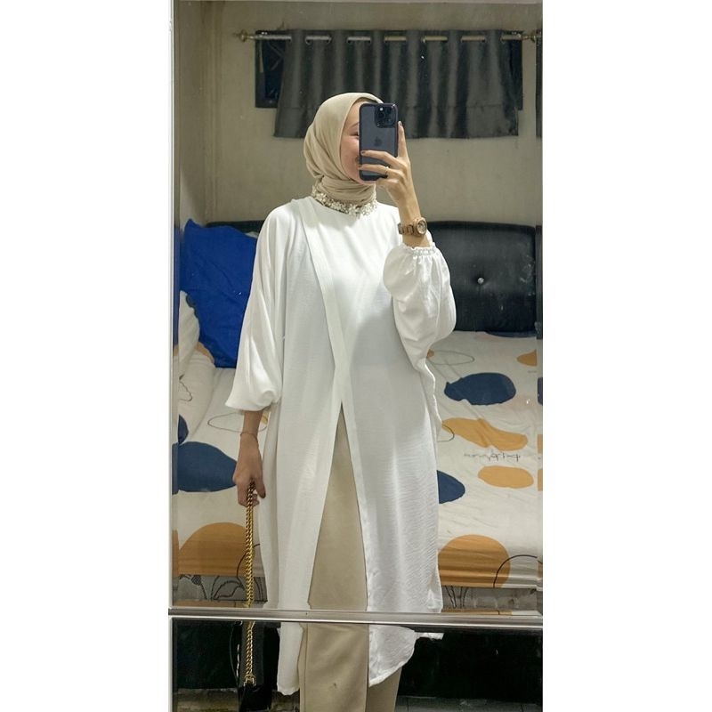 Tamstore Mecca Tunik Crinkle Polos Belah Depan Pergelangan Lengan Karet