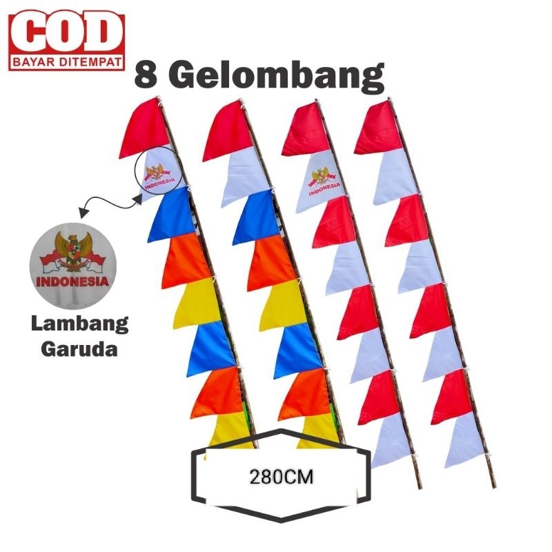 BENDERA UMBUL UMBUL 8 Glombang Titik Mata Warna Warni Merah Putih Model Gergaji 280 CM