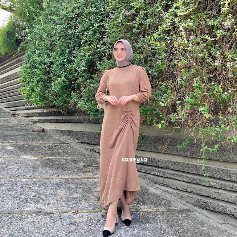 Yumna Dress - Dress Kondangan - Dress Korea - Basic Dress Casual - Dress Serut - Gamis Knit - Dress Pesta Hijab Friendly - Puffy Dress