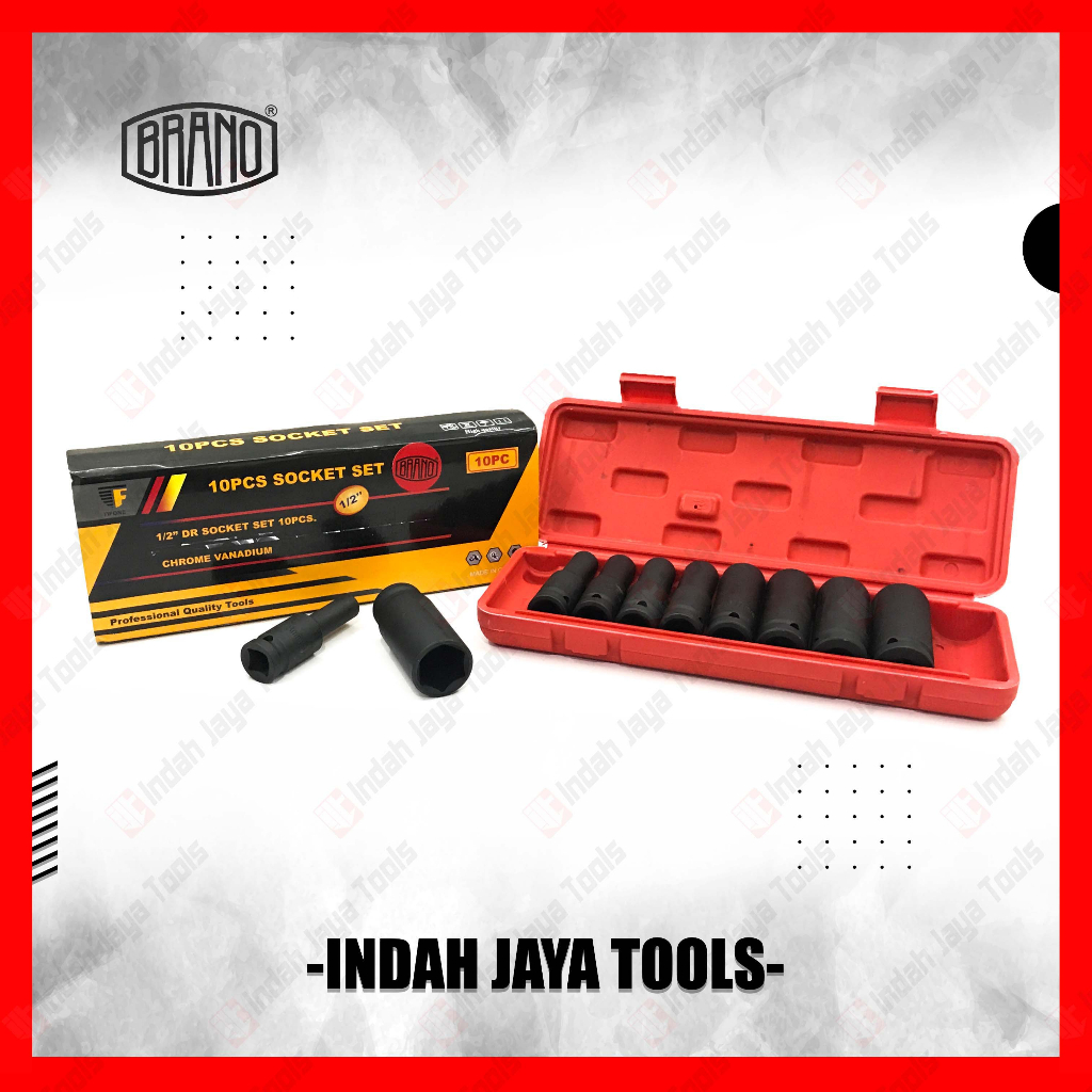 BRANO Deep Socket Set 10 Pcs 1/2 Impact Mata Kunci Sok Shock Extention