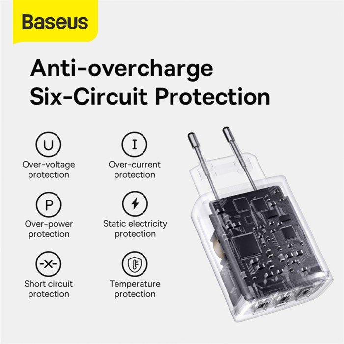 Baseus Adapter Compact Charger 3 USB Port 17W - EU Plug - Six Circuit Protection