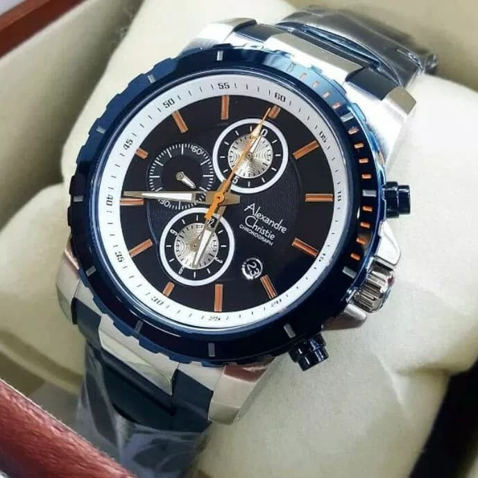 JAM TANGAN PRIA ALEXANDRE CHRISTIE SILVER BLACK RANTAI STAINLESS STEEL ARLOJI WATCH