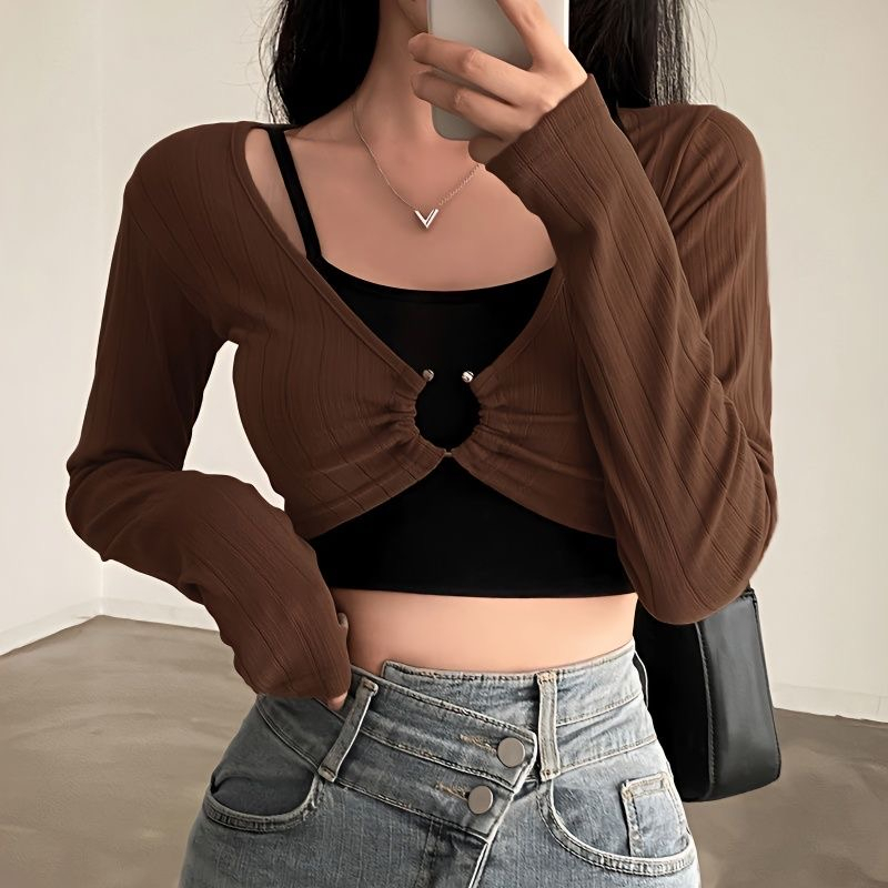 Suhao Baru Fleece Strap Cardigan untuk Musim Gugur dan Musim Dingin di Eropa dan Wanita Amerika Serikat Slim Fit Pure Colour Sexy Outfit Spice Girl