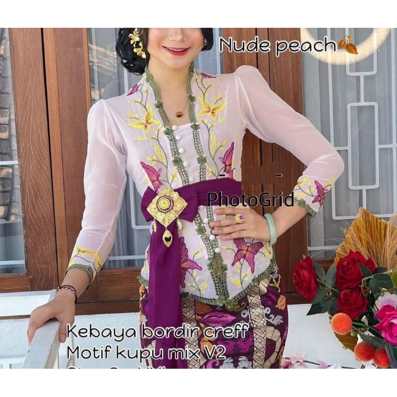 KAIN KEBAYA BORDIR Bali motif DAUN KERAWANG sutra crepe kualitas premium