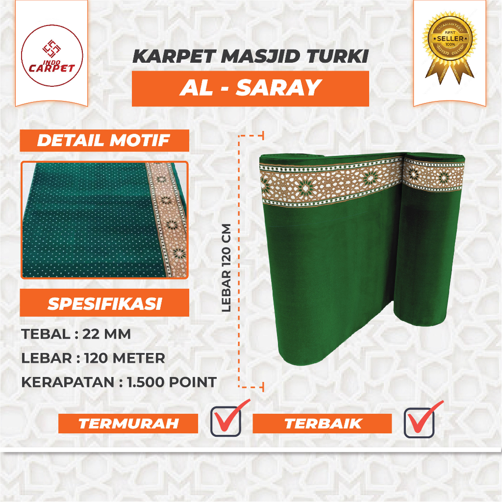 KARPET MASJID/SAJADAH MUSHOLA TURKI GIZEM AL SARAY PER METER TEBAL 22 MM - 3001 Hijau