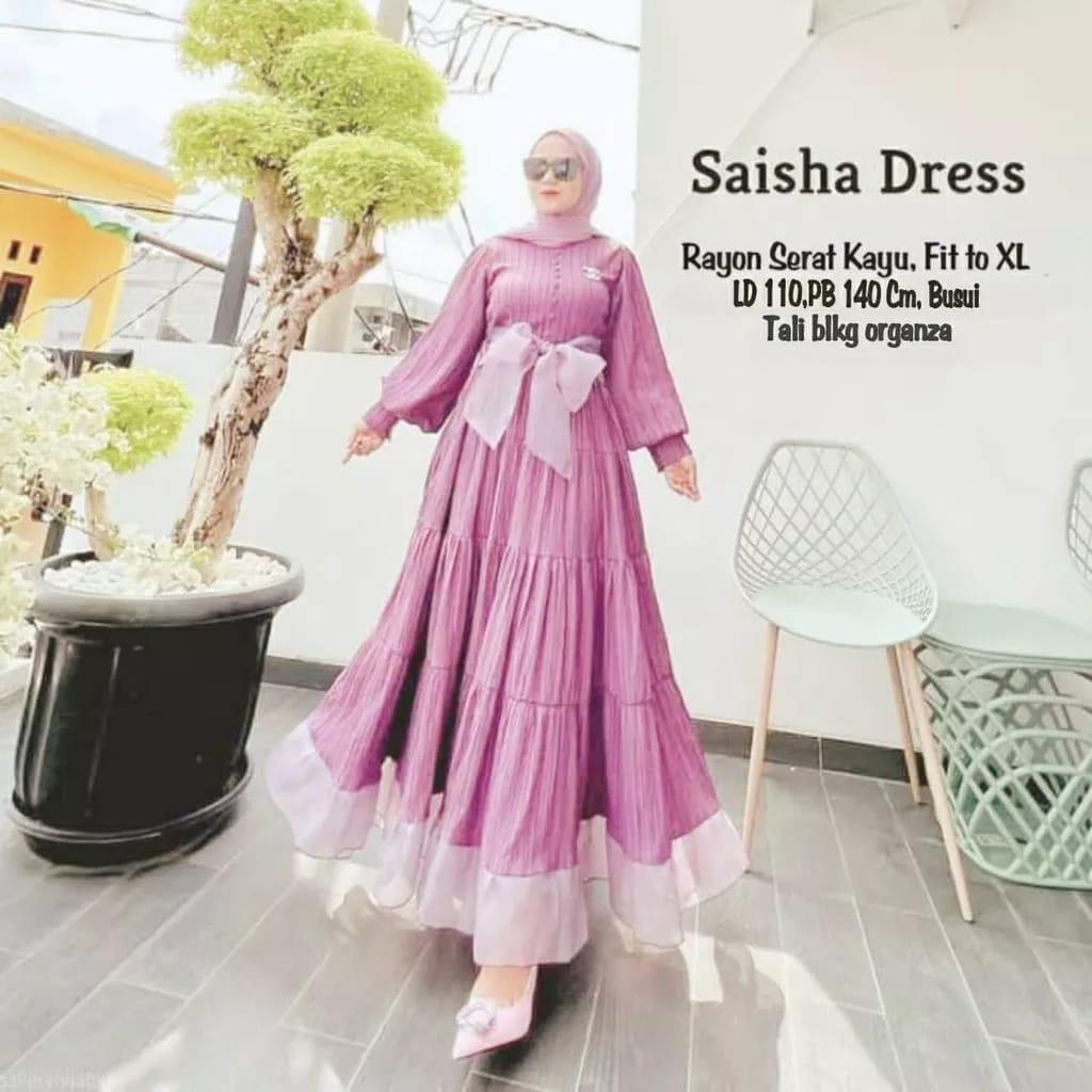 Saisha Dress Wanita Fashion Muslim Gamis Pesta Mewah Elegan Pakaian Wanita Kekinian Matt Rayon Serat Kayu Baju Kondangan Wanita