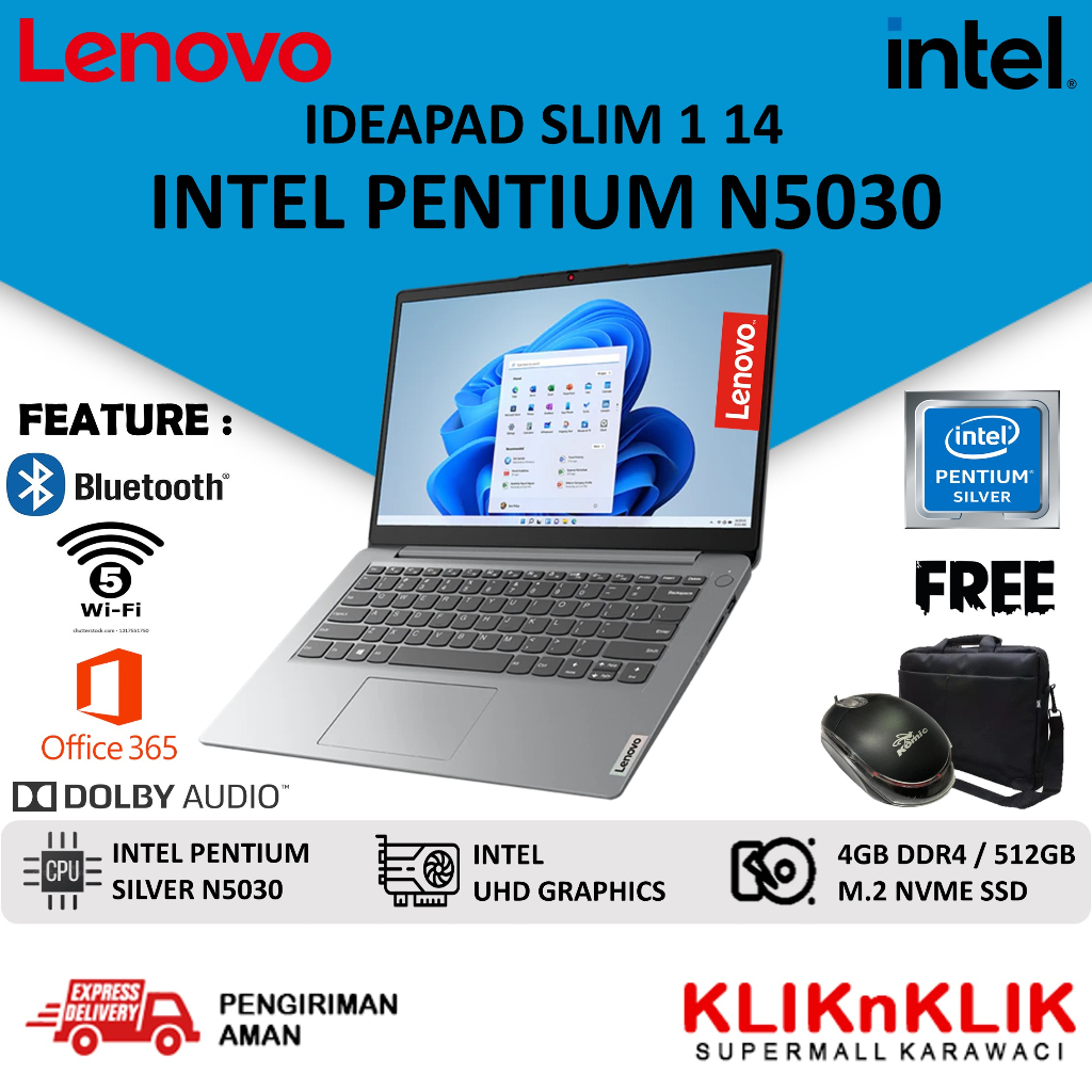 Laptop Murah Baru Lenovo Ideapad Slim 1 14 Inch Intel Pentium N5030 4GB 256GB SSD Windows 11 Home