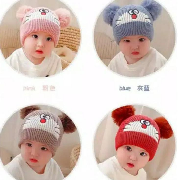 Topi Kupluk Bayi Anak Karakter Doraemon Pompom / Kupluk Rajut Anak