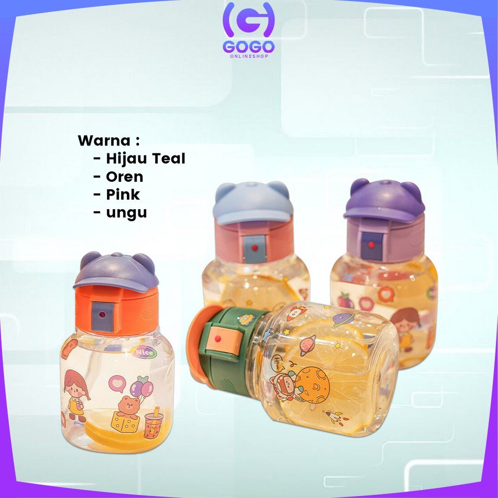 GOGO-C827 Botol Minum Anak Karakter BPA FREE Motif Topi 580ML dengan Sedotan / Tempat Minum Lucu dengan Pegangan Silikon Anak Tumbler Portable Food Grade