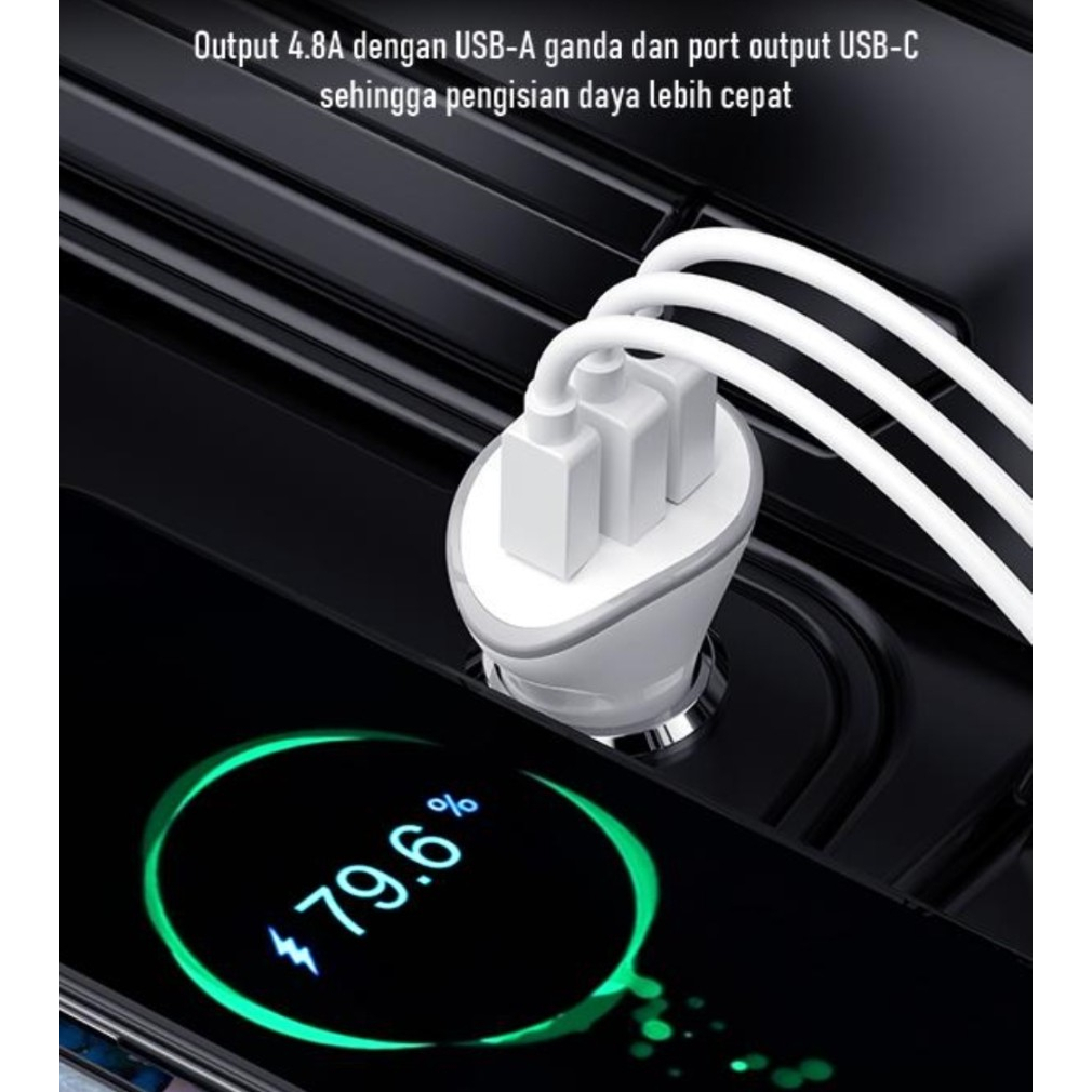 MH - Robot C08 Charger Mobil Type C Dual USB 4.8A Car Charger 3 Port