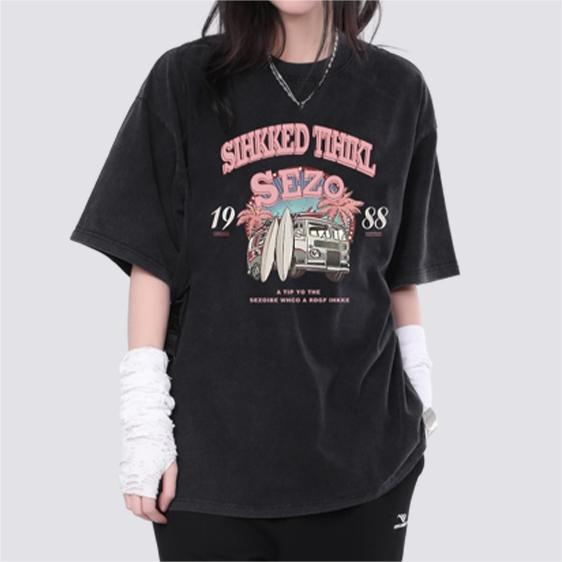 XIAOZHAINV Korean Style Car Anime Pattern Washed Printing Kaos Wanita A0523