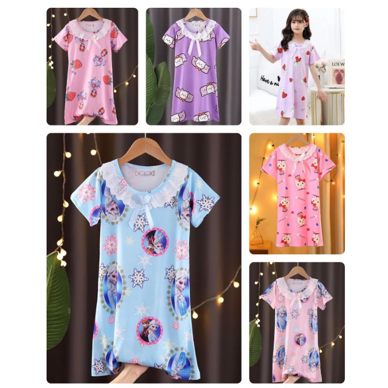 [5-12Th] baju tidur daster dress leher renda kartun karakter import 5 6 7 8 9 10 11 12 tahun xs-0308r / piyama daster anak import printing karakter kartun 5 - 12 tahun