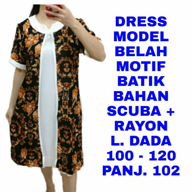 WK DRESS SCUBA MODEL BELAH MOTIF BATIK KOMBINASI RAYON WANITA JUMBO BIG SIZE