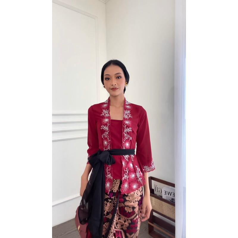 Kebaya Dewasa Modern Bordir Bali Classy Style Kondangan Model Kutu Baru Tangan Lonceng Warna Marron 