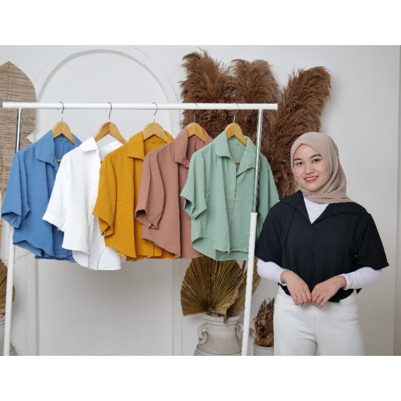 Kemeja Wanita Crop Bahan Crinkle Baju Wanita Crop Kekinian