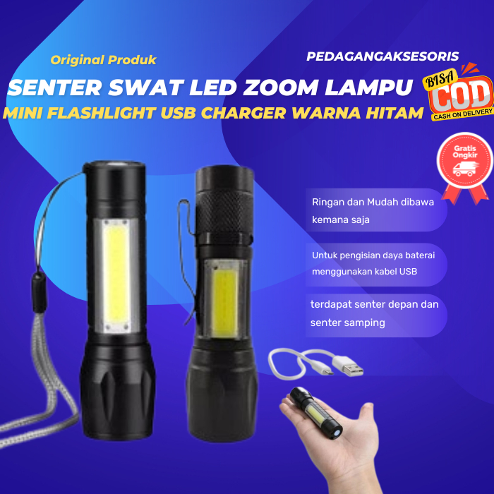 Senter LED Zoom mini flashlight usb charger