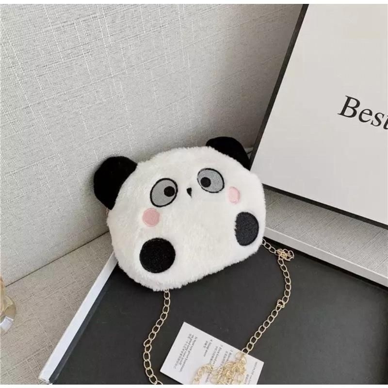 Tas Selempang Boneka Kepala Panda Sling Bag Bulu Rasfur Lembut Slempang Wanita Lucu Korean Style