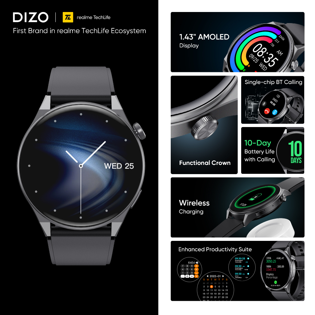 DIZO By realme techlife Watch R2 smartwatch R2 1.43 inch Dynamic display Black