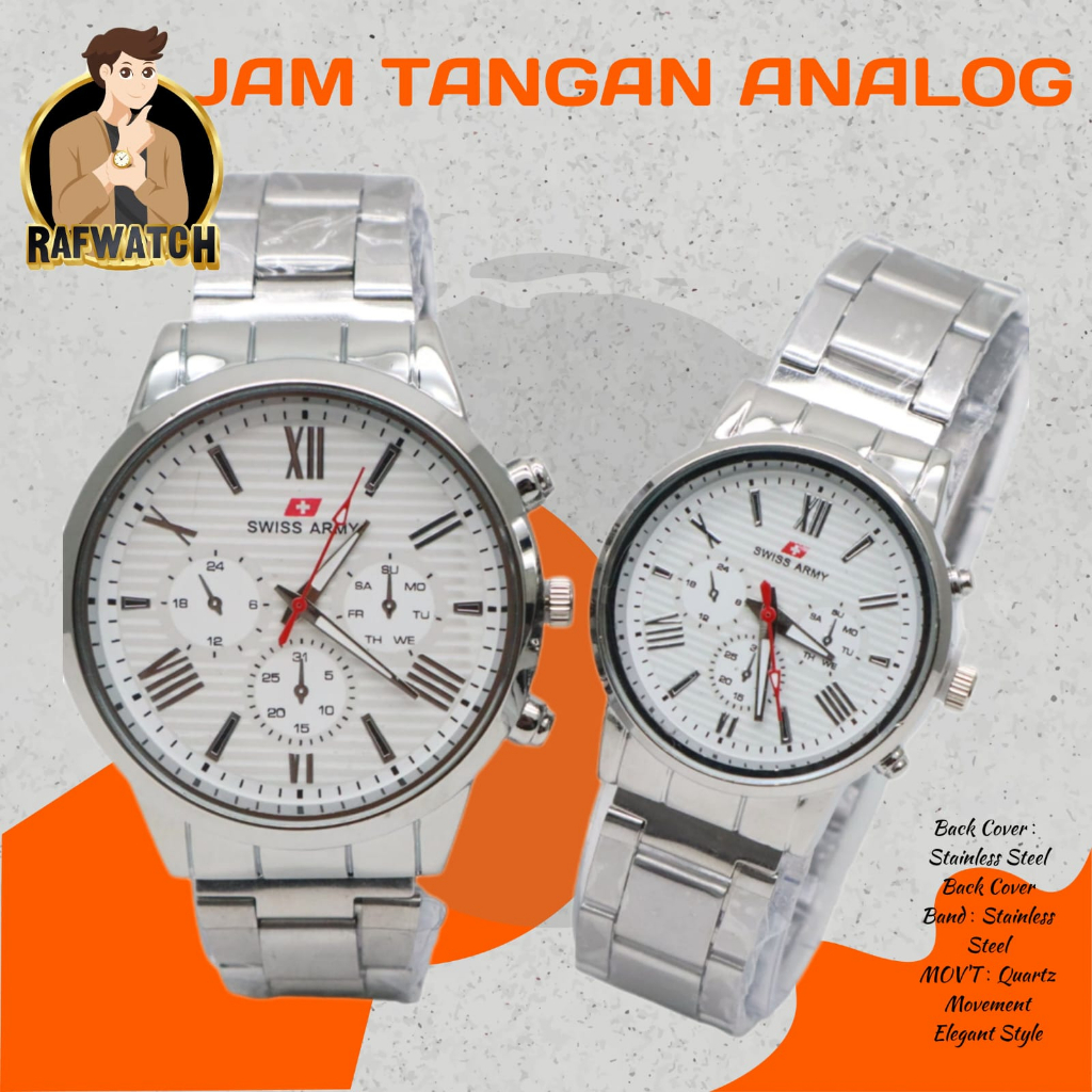 Jam Tangan Pasangan Pria Wanita Analog Casual Rantai Stainless Silver Hitam RPA10