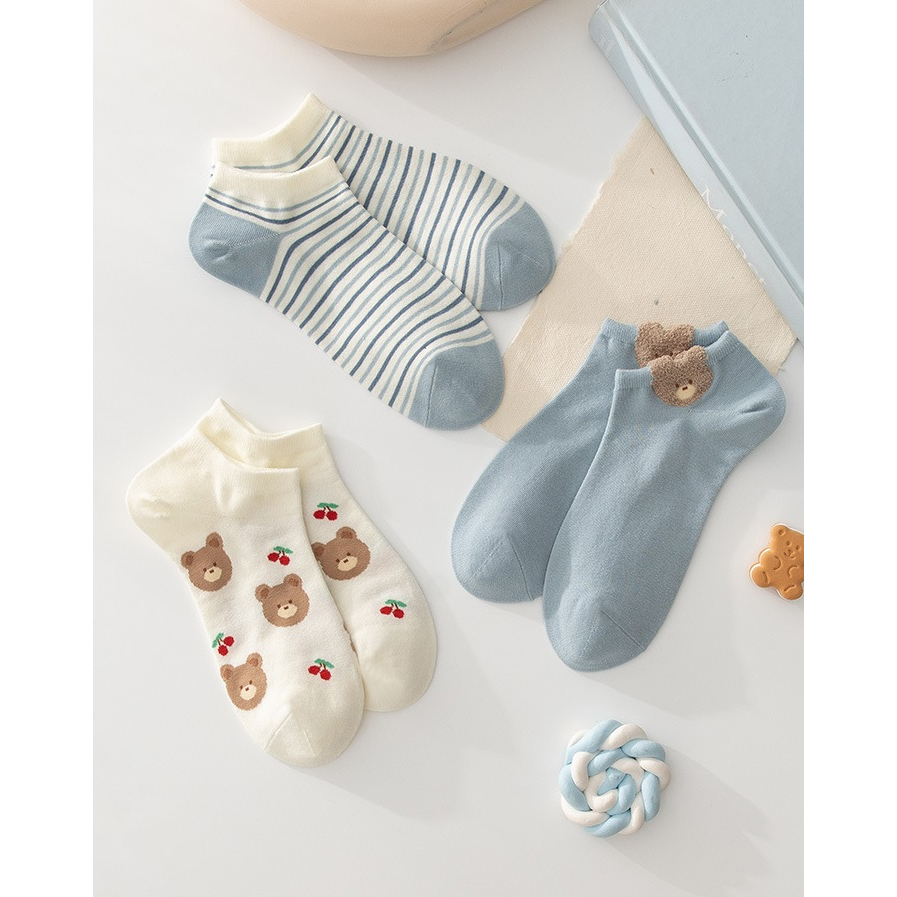 MOGYMOGY KS40 Kaos Kaki Motif Kaos Kaki Semata Kaki Kaos Kaki Beruang Kecil Biru Kaos Kaki Ankle Women Socks