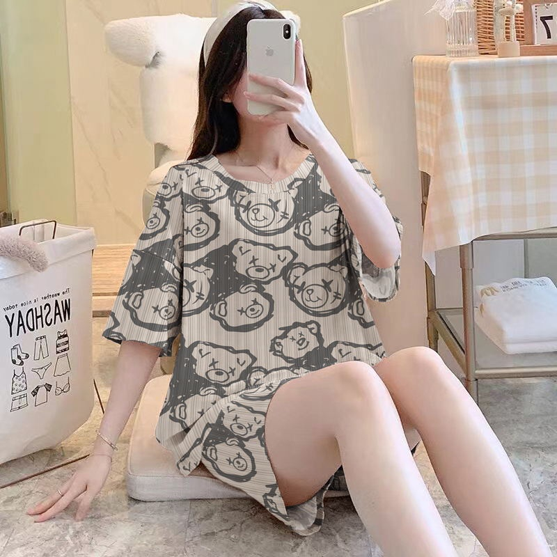 Onetset Setelan Smile Pakaian Wanita Baju Tidur Wanita Import Piyama Lengan Pendek Motif Kartun Fit to XXL terbaru Motif Print