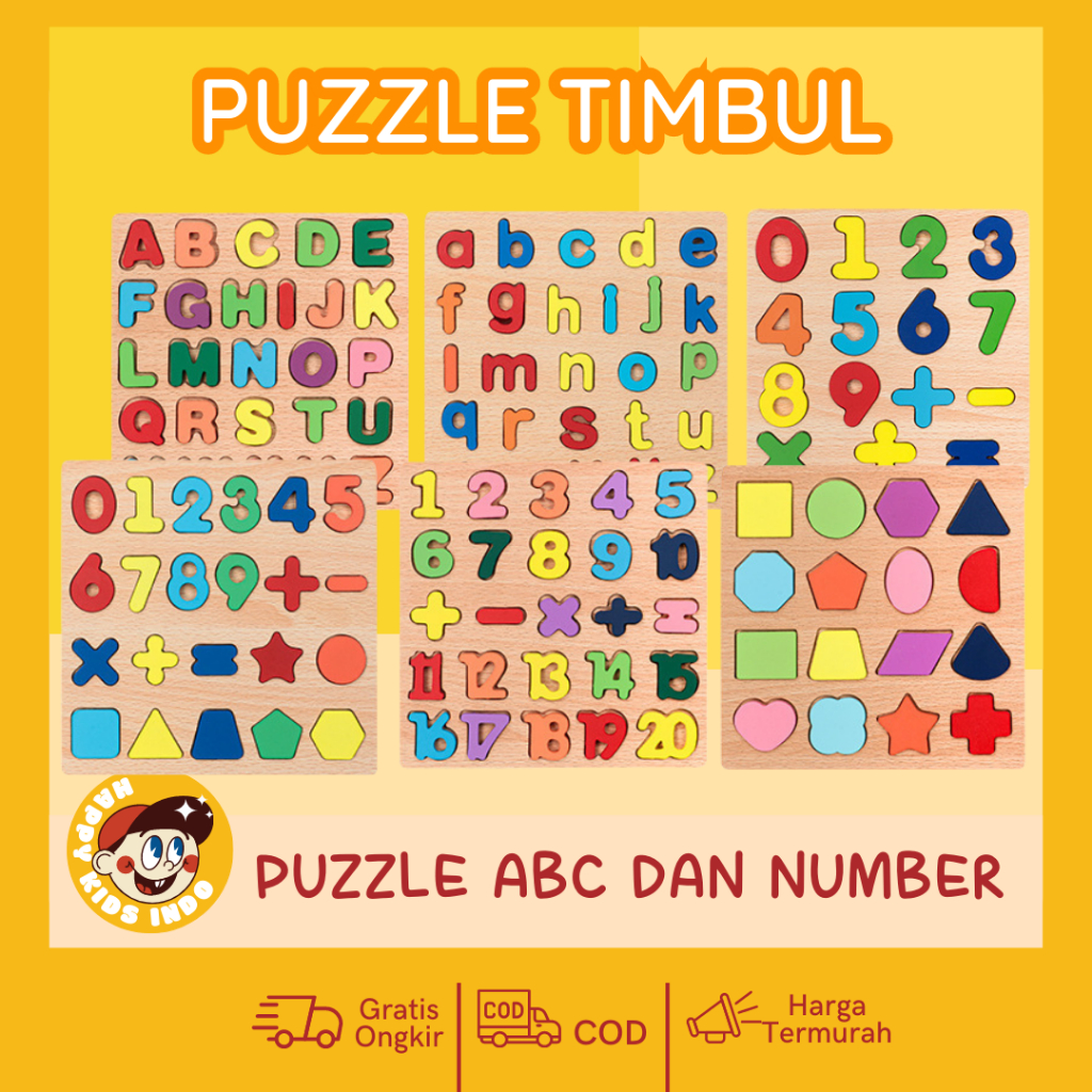 MAINAN EDUKASI PUZZLE 3D JIGSAW KAYU TIMBUL HURUF ANGKA DAN BENTUK GEOMETRI | Uppercase Lowercase Le