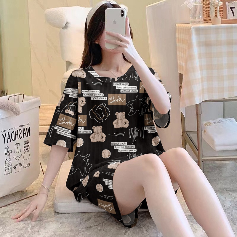 Onetset Setelan Smile Pakaian Wanita Baju Tidur Wanita Import Piyama Lengan Pendek Motif Kartun Fit to XXL terbaru Motif Print