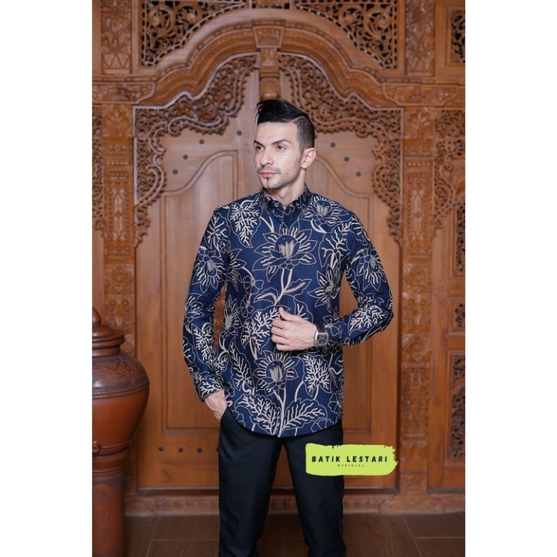 MEKAR NAVY Baju Kemeja Batik Pria Lengan Panjang Slim Fit Premium Modern Full Furing Katun Halus