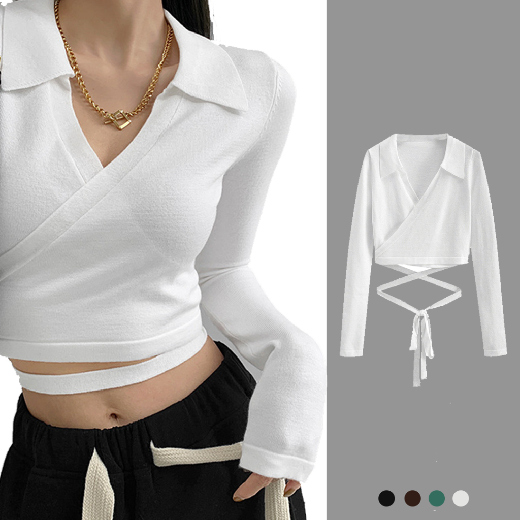 Atasan Rajut Long Sleeve Crop Top T-Shirt Vneck Kaos Wanita Lengan Panjang