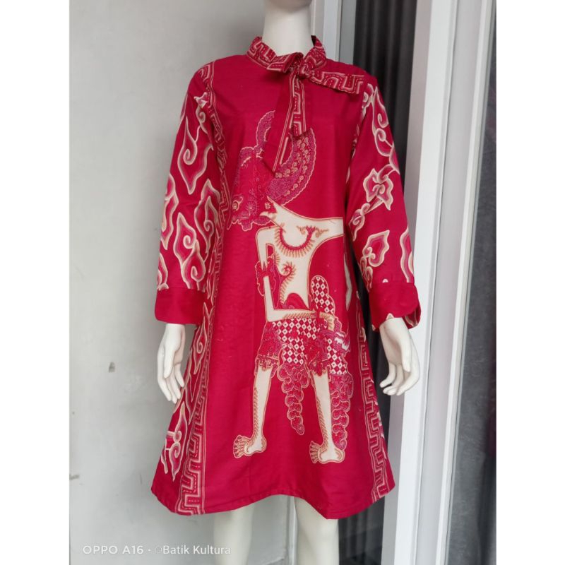 Tunik batik wanita modern solo bahan katun motif wayang pink size S-XXXL