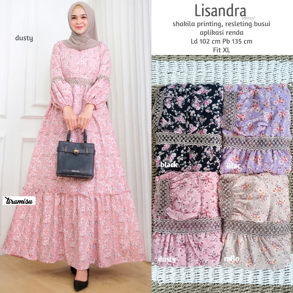 LISANDRA DRESS / 1.7 / BAHAN SHAKILA PRINTING / LD 102 CM / PB 135 CM / ALLSIZE JUMBO / FIT TO XL / TIRAMISU