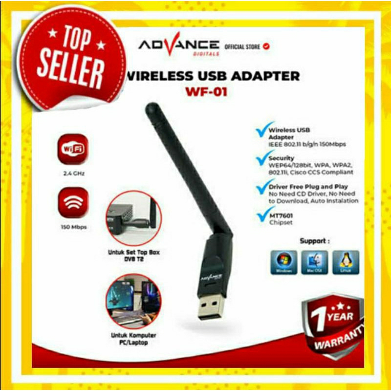 (TOPSELLER1) Advance USB Dongle Wifi Wireless Adapter Receiver WF-01 Komputer PC Laptop TV Digital S