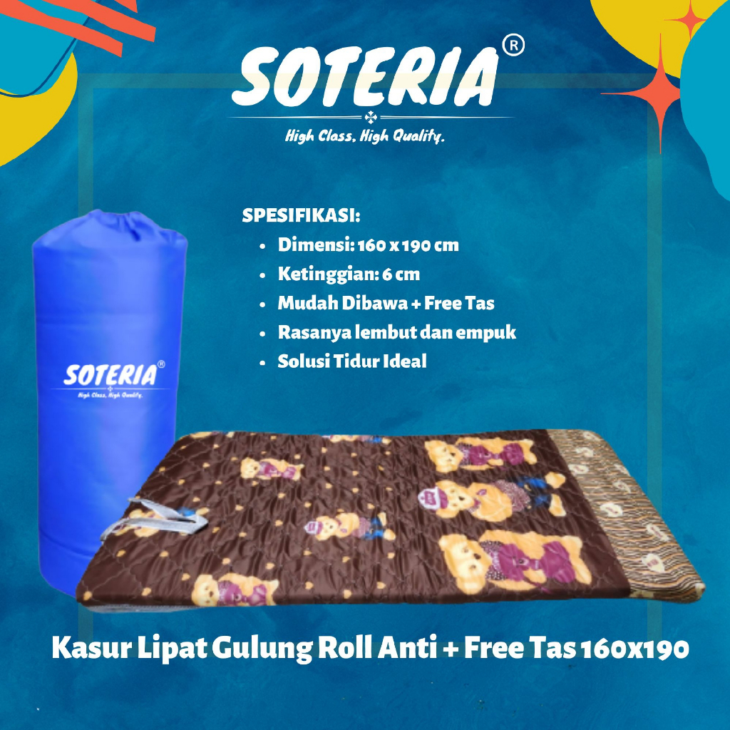Kasur Lipat Gulung Busa Super Anti Kempes / Travel Bed + Free Tas Kasur Gulung Lantai / Roll Bed Mudah Dibawa / Kasur Gulung Minimalist Flexible Solusi Tidur Ideal 100% Nyaman 160x190 SOTERIA