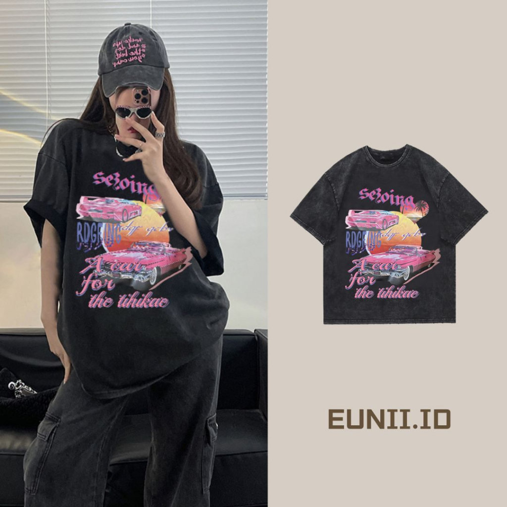 EUNII T-shirt Lengan Pendek Black Washed Retro Cartoon Pink Car Printing Korean Style/Kaos Atasan Wanita/Baju Wanita/Kaos Wanita