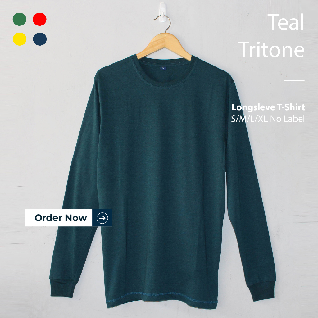 KAOS POLOS TEAL TRITONE PRIA WANITA LENGAN PANJANG UKURAN S-XL BAHAN THREETONE 30S ORGINAL