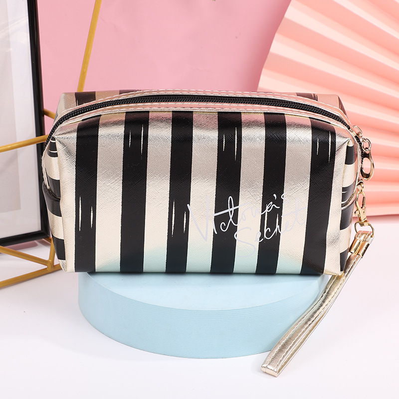 Grosir tas kosmetik stripe tas segi delapan tas penyimpanan kapasitas besar PU kreatif fashioN