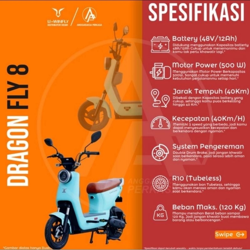 Sepeda Listrik Uwinfly DF8 DF 8 Baterai Aki 48 V 12 AH