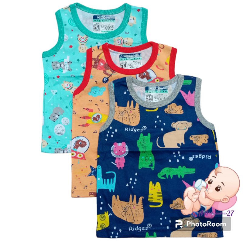 Ridges 3PC Kaos Bayi Lengan Kutung Full Print Ukuran S M L XL Lembut dan SNI