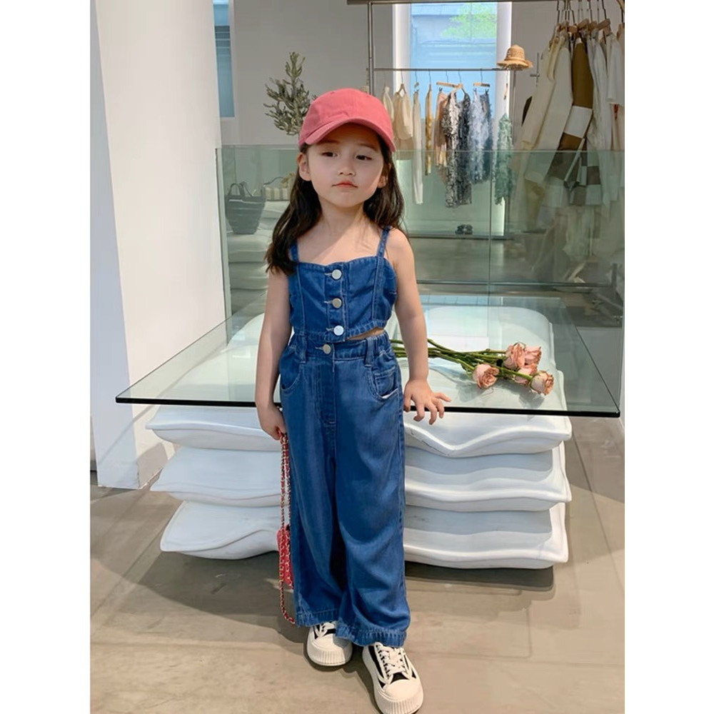 Little Moly Setelan Crop Top Celana Panjang Jeans Anak Perempuan Premium Import SBC045