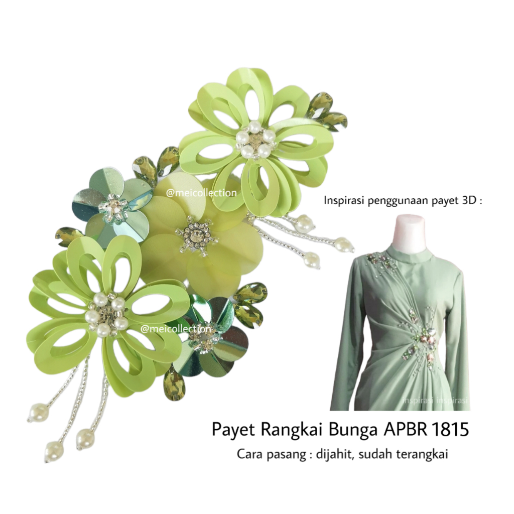 Payet rangkai bunga 3d mutiara pinggang dada pundak bahu green light sage APBR 1815 kebaya wisuda tu
