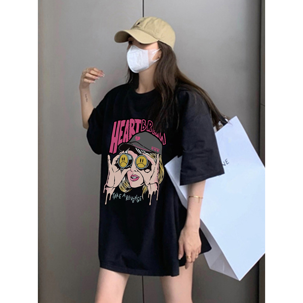 Kaos Lengan Pendek Cream Atasan Wanita Oversize Printed T-shirt Kekinian Korean Style