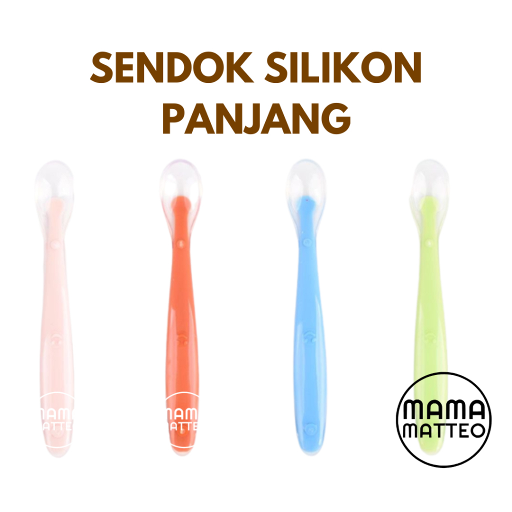 Sendok Makan Bayi Silikon Panjang / Sendok Panjang Lentur Anak MPASI Baby Silicone Long Spoon Lentur Warna Pink Orange Biru Hijau