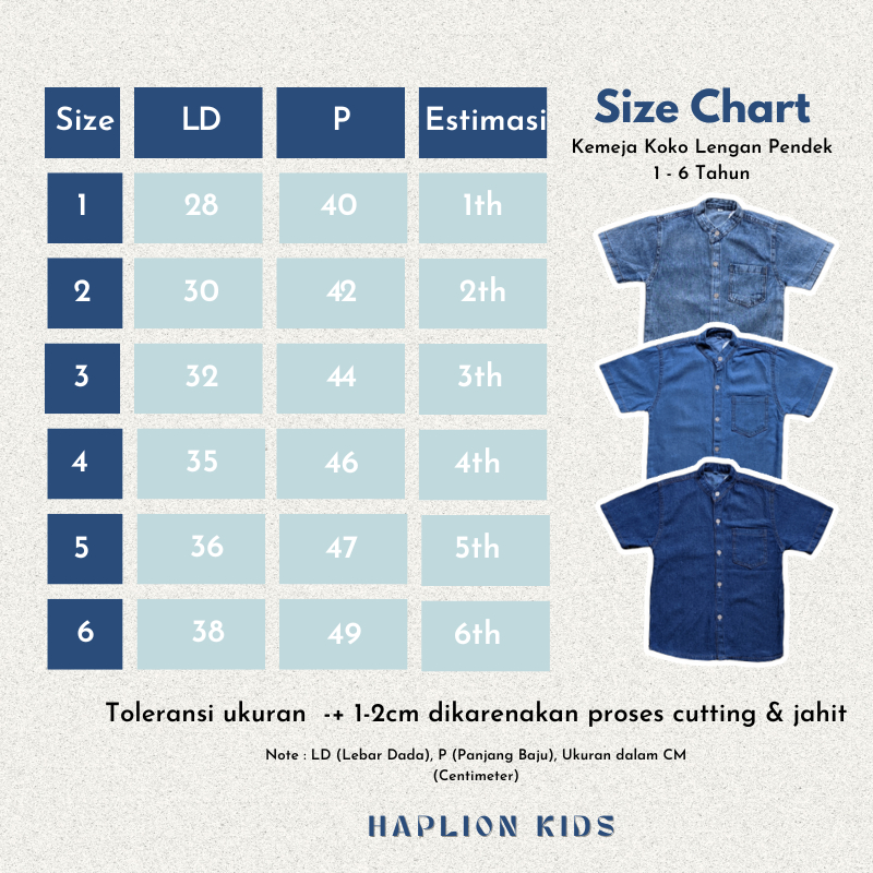 Haplion Kidswear | Kemeja Koko Lengan Pendek Anak Laki-Laki Kemko Jeans Lembut 1- 6 Tahun