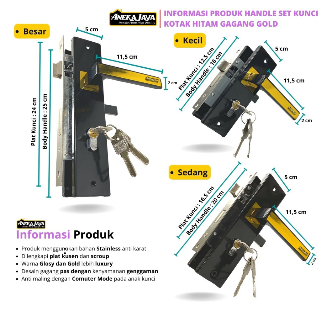 Kunci Pintu Rumah Hitam Gold Ukuran Besar Sedang Kecil - Gagang Kamar dan Utama Minimalis Bahan Stainlees