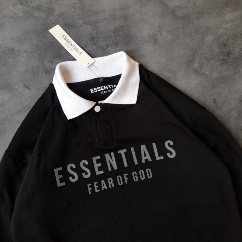 RUGBY JAKET SWEATER ESSENTIALS FEAR OF GOD HITAM FULLTAG &amp; LABEL