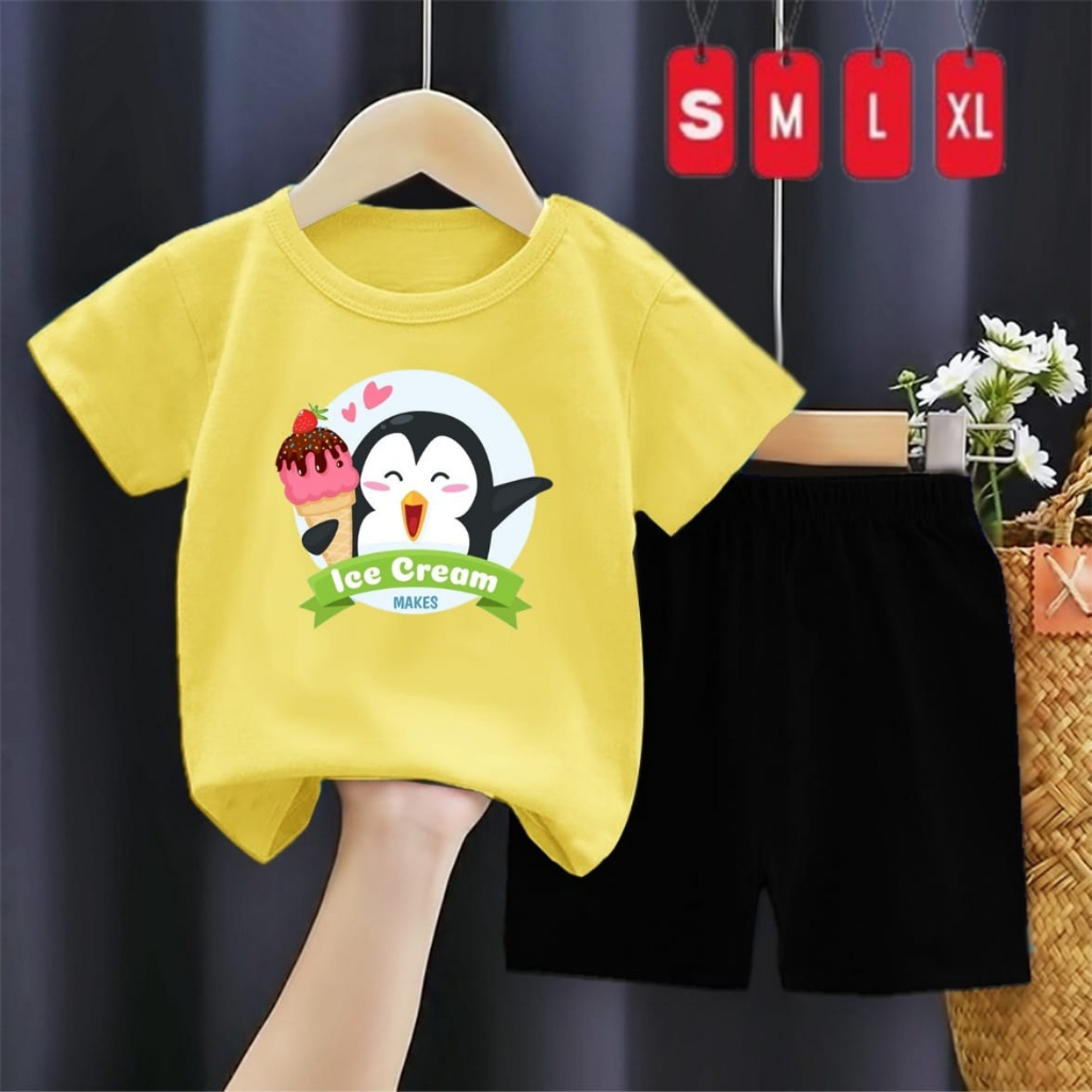 Setelan Kaos Anak Pendek Pinguin Ice Cream/oneset SP